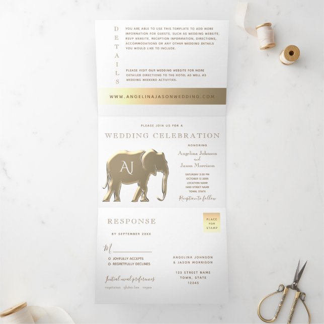 Gold Monogram Wedding Tri-Fold Invitation (Inside)