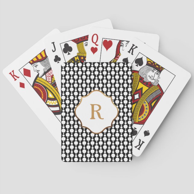 Gold Monogram White Circles on Black Retro Pattern Playing Cards (Back)