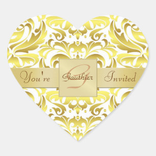Gold Monogram White Damask Heart Sticker