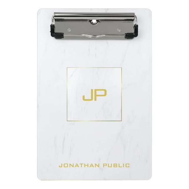 Gold Monogram White Marble Elegant Modern Trendy Mini Clipboard (Front)