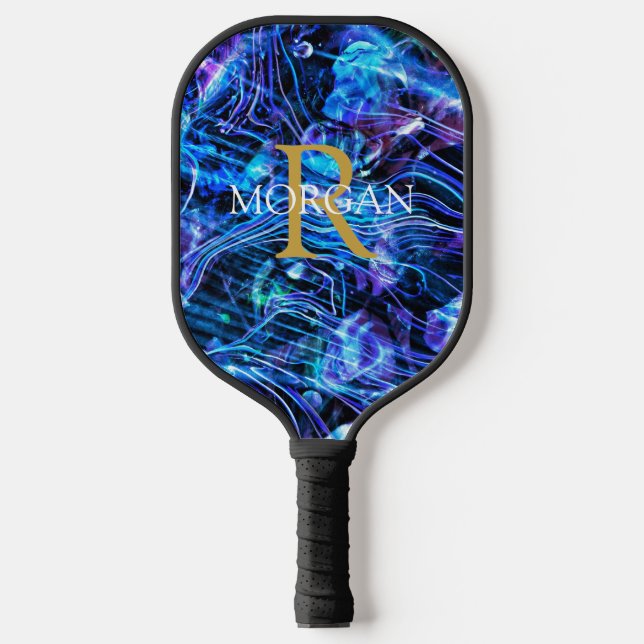 Gold Monogram & White Name Crystal Abstract Pickleball Paddle (Front)
