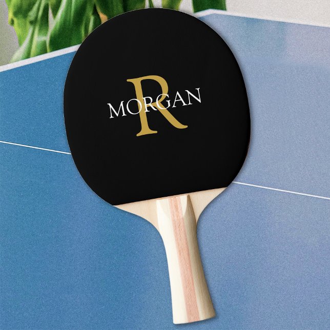 Gold Monogram & White Name on Black Ping Pong Paddle (Creator Uploaded)