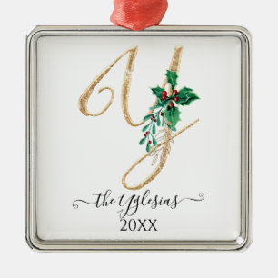 Gold Monogram Y Glitter Christmas Holly Foliage Metal Ornament