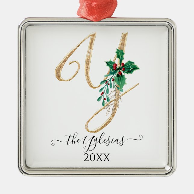 Gold Monogram Y Glitter Christmas Holly Foliage Metal Ornament (Front)