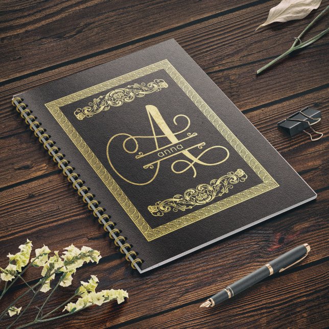 Gold Monogrammed Letter A on Dark Brown Leather Notebook (Creator Uploaded)