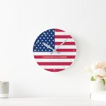 Gold Monogrammed Patriotic America USA Flag Custom Round Clock<br><div class="desc">The all American, Stars and Stripes, Old Glory, Star-Spangled Banner, USA flag, custom, personalized, name monogram / initials, patriotic, acrylic round wall clock for your room, home, office, to show your pride, patriotism, love. Simply type in your name / family name / monogram / initials, to customize. Makes a great...</div>
