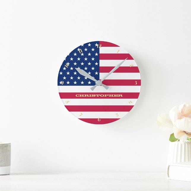 Gold Monogrammed Patriotic America USA Flag Custom Round Clock (Gold Monogrammed Patriotic America USA Flag Custom Round Clock)