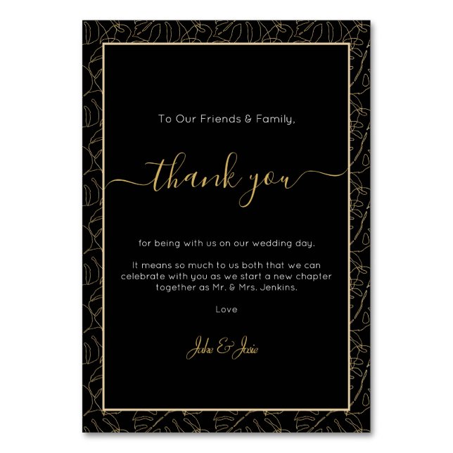 Gold monstera leaf Wedding thank you Table Card (Front)