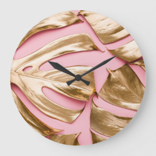 Gold Monstera Leaves: Pastel Pink. Large Clock