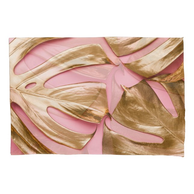Gold Monstera Leaves: Pastel Pink. Pillowcase (Front)