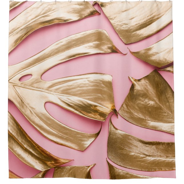 Gold Monstera Leaves: Pastel Pink. Shower Curtain (Front)