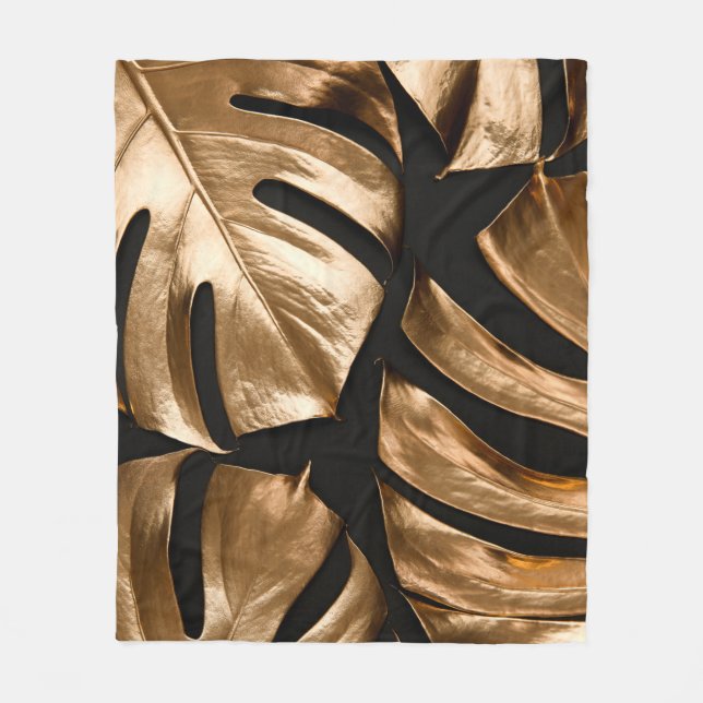Gold monstera leaves pattern fleece blanket (Front)