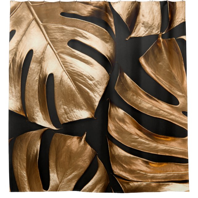 Gold monstera leaves pattern shower curtain (Front)