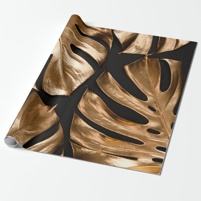 Gold monstera leaves pattern wrapping paper (Unrolled)