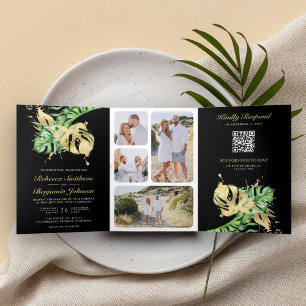 Gold Monstera Tropical Palm Black QR Code Wedding Tri-Fold Invitation