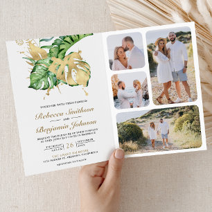 Gold Monstera Tropical Palm QR Code Wedding Invitation