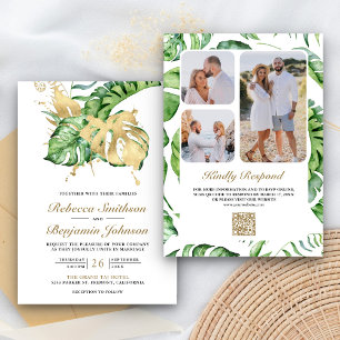Gold Monstera Tropical Palm QR Code Wedding Invitation