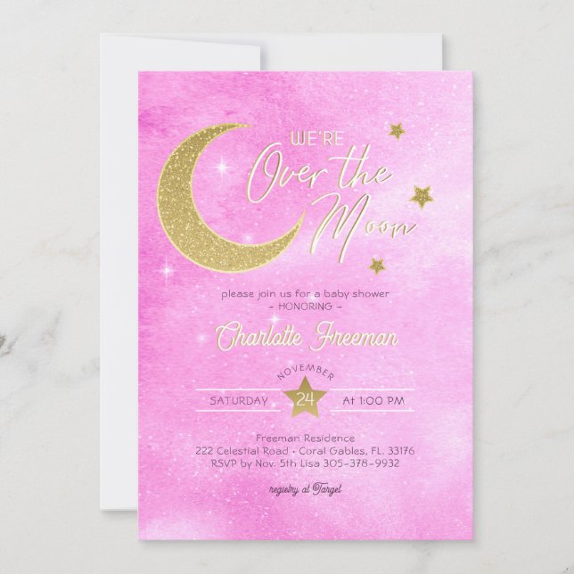 Gold Moon and Stars Baby Girl We're Over The Moon Invitation (Front)