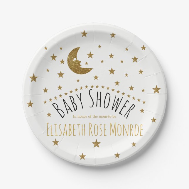 Gold Moon and Stars Baby Shower Paper Plate (Front)