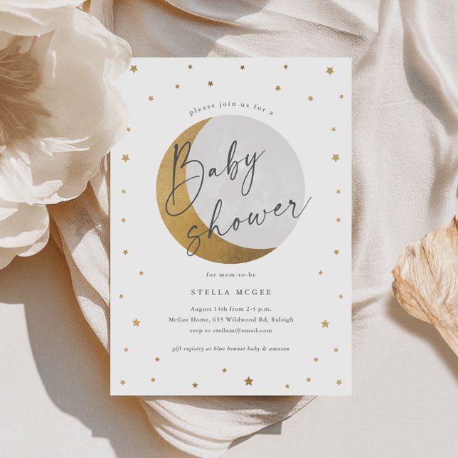Gold Moon and Stars Gender Neutral Baby Shower Invitation (Gold Moon and Stars Script Gender Neutral Baby Shower Invitations.)