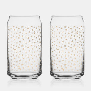 Gold Moon and Stars Night Sky Can Glass