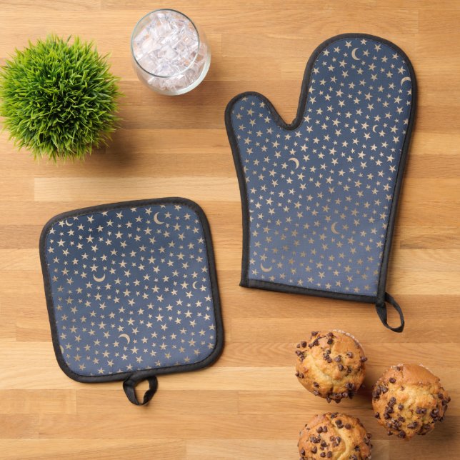 Gold Moon and Stars Night Sky Oven Mitt & Pot Holder Set (Top Down)