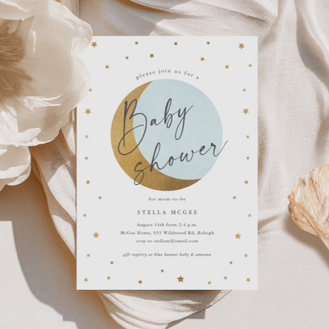Gold Moon and Stars Script Boys Baby Shower Invitation (Gold Moon and Stars Script Boys Baby Shower Invitations.)