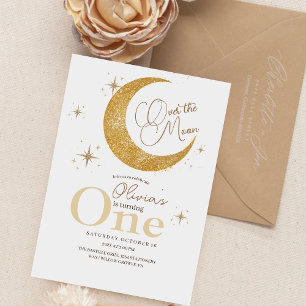 Gold Moon and Stars Space 1st Birthday Party Invitation