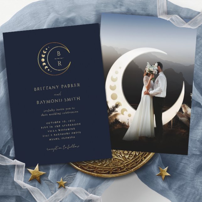 Gold Moon Blue Celestial Wedding Invitation (Creator Uploaded)