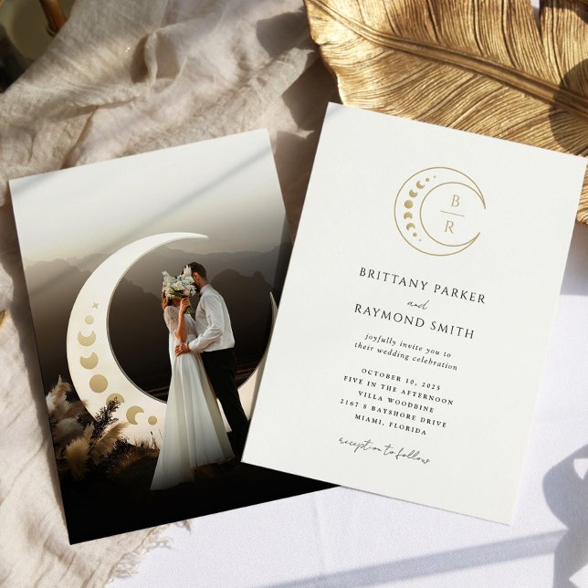 Gold Moon Celestial Photo Wedding Invitation (Creator Uploaded)