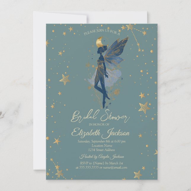Gold Moon Girl Stars Green Bridal Shower Invitation (Front)