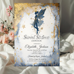 Gold Moon Girl Watercolor Gold Stars Sweet 16 Invitation