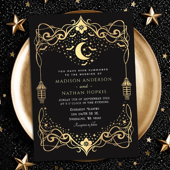 Gold Moon Gothic Bats Lantern Wedding  Invitation (Creator Uploaded)