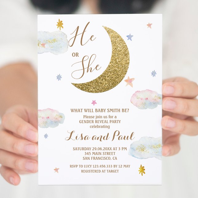 Gold Moon He or She Gender Reveal Invitation (Creator Uploaded)