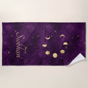 Gold Moon Phases Purple Stars Personalised Beach Towel