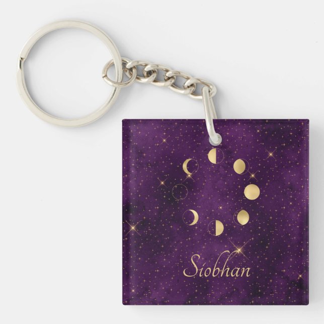 Gold Moon Phases Purple Stars Personalised  Key Ring (Front)