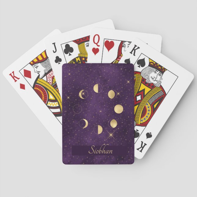 Gold Moon Phases Purple Stars Personalised Playing Cards (Back)