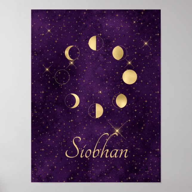 Gold Moon Phases Purple Stars Personalized Poster (Front)