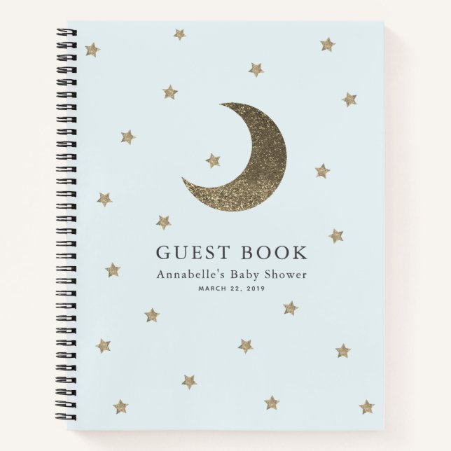 Gold Moon & Stars Blue Baby Shower Guest Book (Front)