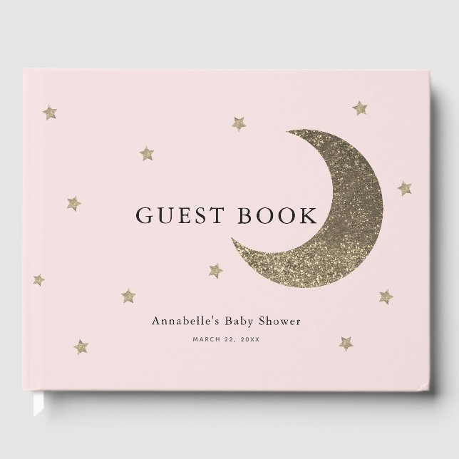 Gold Moon & Stars Blush Pink Baby Shower Guest Book (Front)