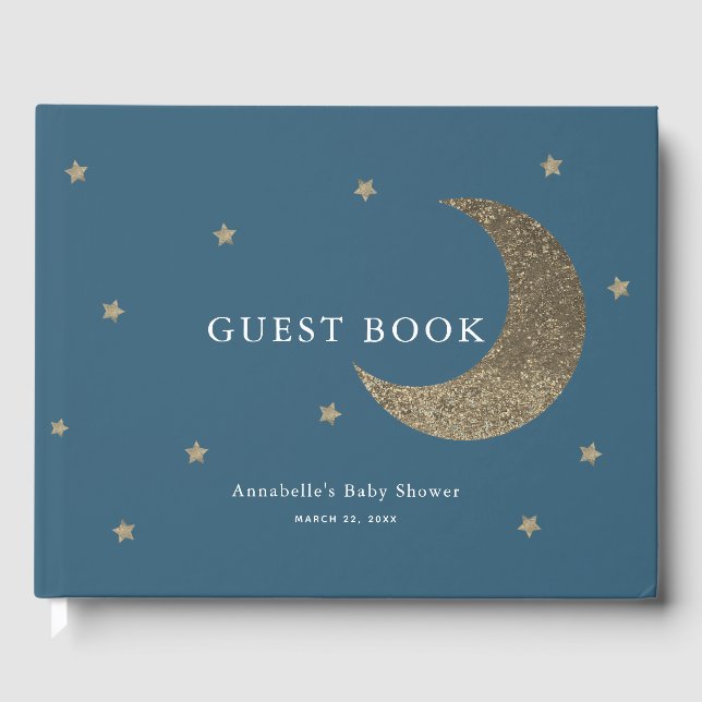 Gold Moon & Stars Navy Blue Baby Shower Guest Book (Front)
