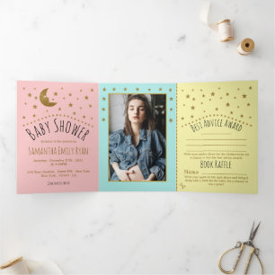 Gold Moon & Stars, Pastel Color Baby Shower Suite Tri-Fold Invitation