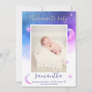 Gold moon stars pink watercolor photo baby birth announcement