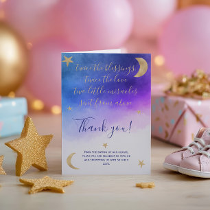 Gold moon stars pink watercolor twins baby shower thank you card