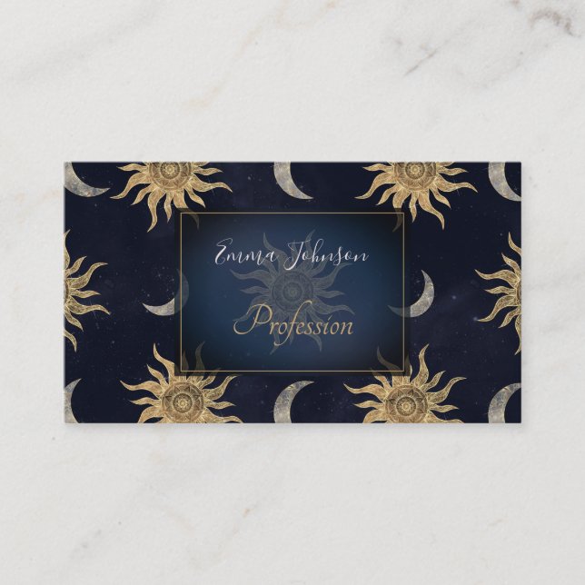 Gold Moon Sun Mandala Blue Night Sky Pattern Business Card (Front)