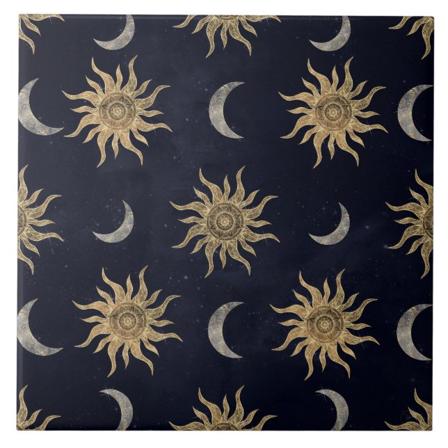 Gold Moon Sun Mandala Blue Night Sky Pattern Ceramic Tile (Front)