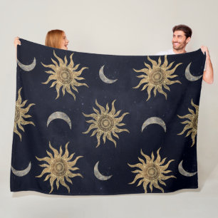 Gold Moon Sun Mandala Blue Night Sky Pattern Fleece Blanket