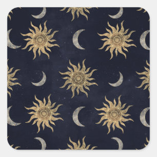 Gold Moon Sun Mandala Blue Night Sky Pattern Square Sticker