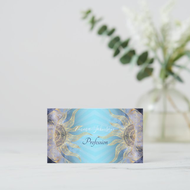 Gold Moon Sun Mandala Celestial Design Business Card (Standing Front)