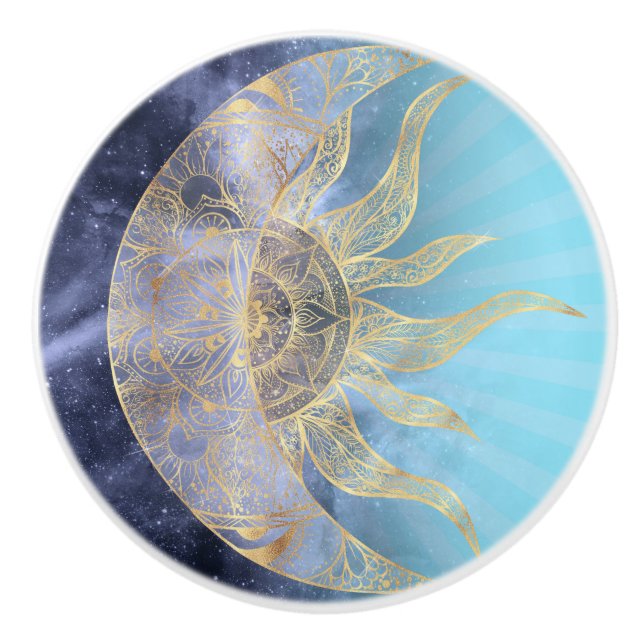 Gold Moon Sun Mandala Celestial Design Ceramic Knob (Front)